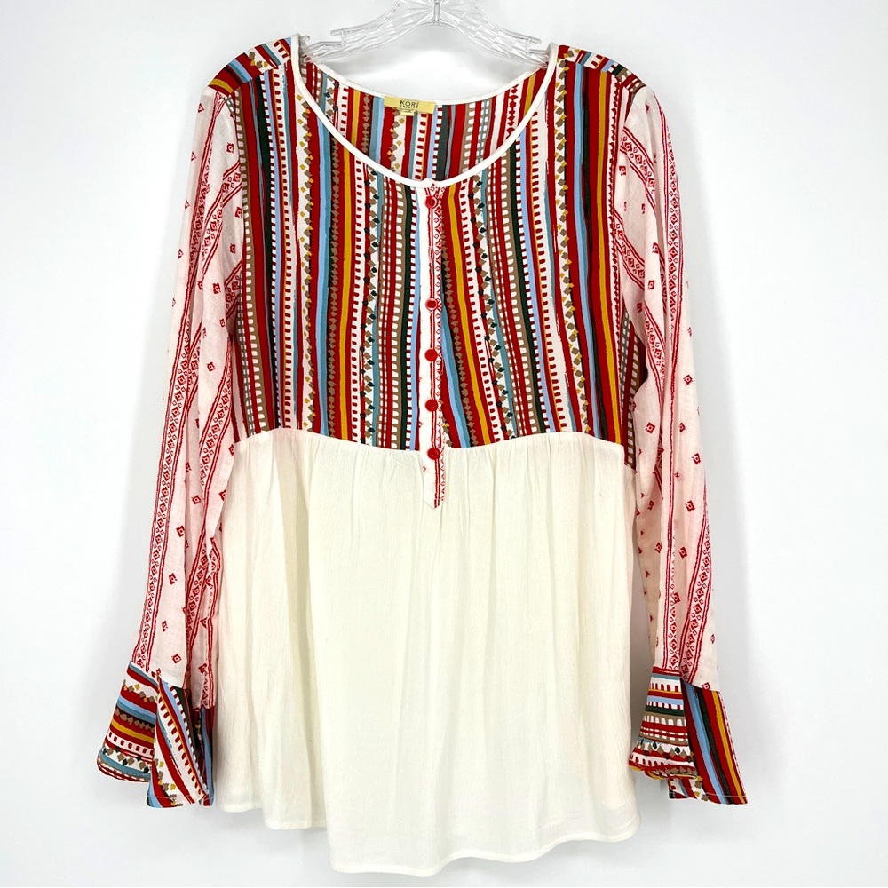 Kori Bohemian Tunic Stripe Long Sleeve Scoop Neck Flare Cuffs Size Medium